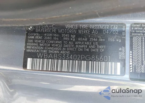 2002 BMW 325Ci z USA, uszkodzony, nr VIN WBABS33402PG85601